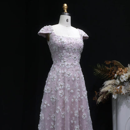 Light Pink Floral Evening Gown — Square Neck Open Back GCC Wedding — Riviera Couture GCC Luxury Evening Gown