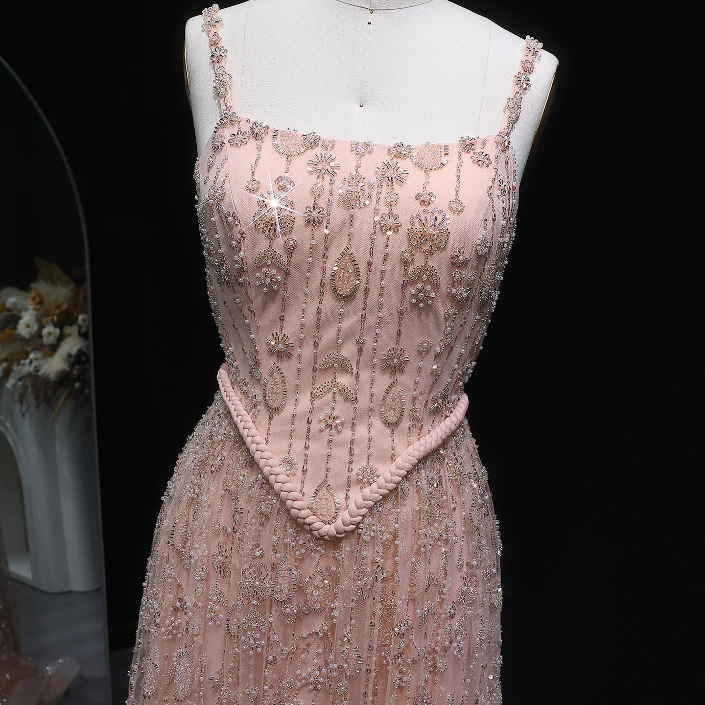 Nude Long Sleeves Sage Green Spaghetti Strap Evening Gown — Arabic Luxury 2026 — Riviera Couture GCC Luxury Evening Gown