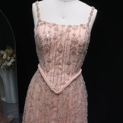 Nude Long Sleeves Sage Green Spaghetti Strap Evening Gown — Arabic Luxury 2026 — Riviera Couture GCC Luxury Evening Gown