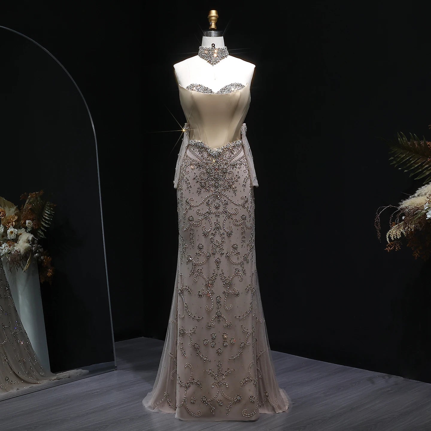 Champagne Beaded Mermaid Evening Gown with Gloves — Corset High Collar GCC — Riviera Couture GCC Luxury Evening Gown