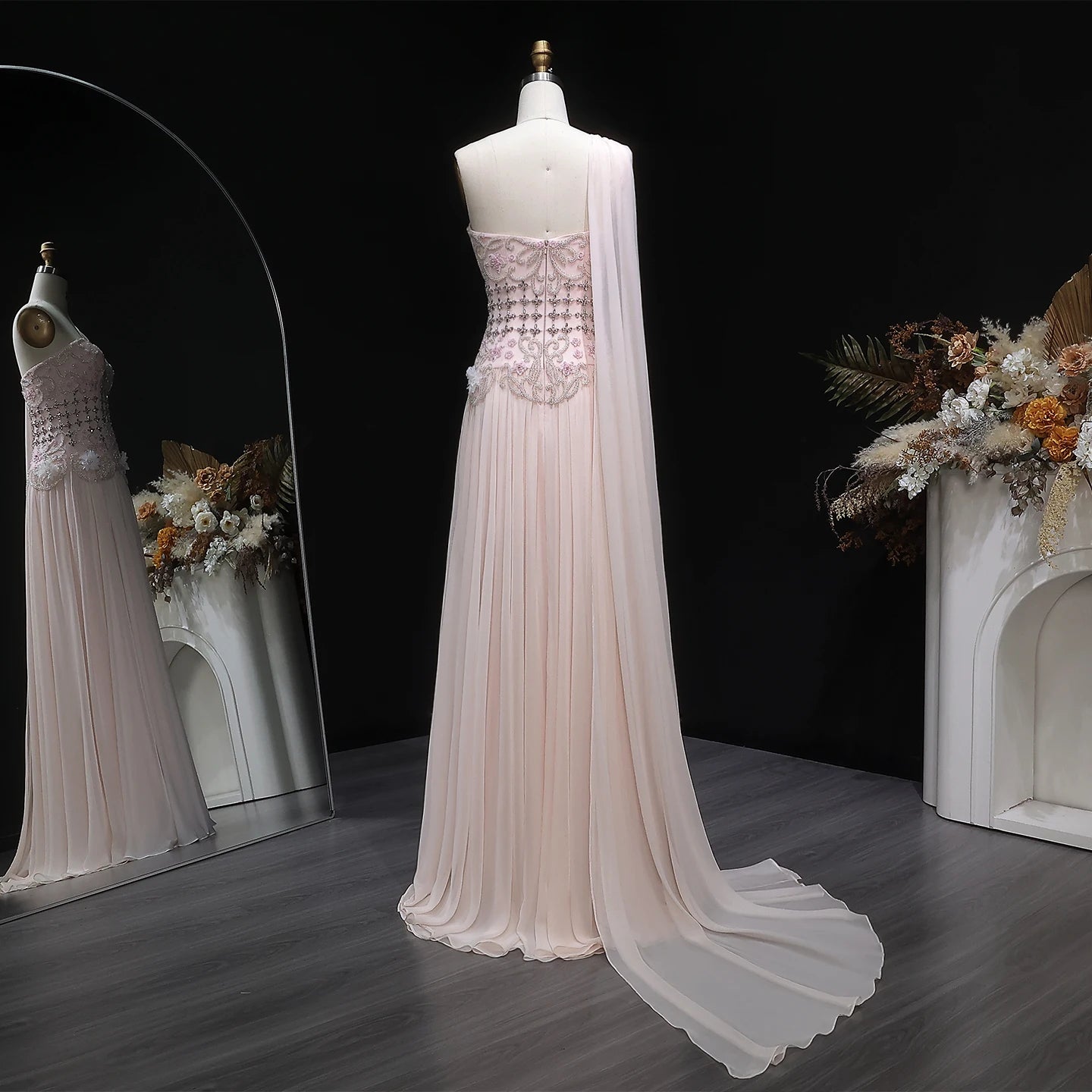 Blush Pink One-Shoulder A-Line Evening Gown with Cape — 3D Flowers Crystal — Riviera Couture GCC Luxury Evening Gown