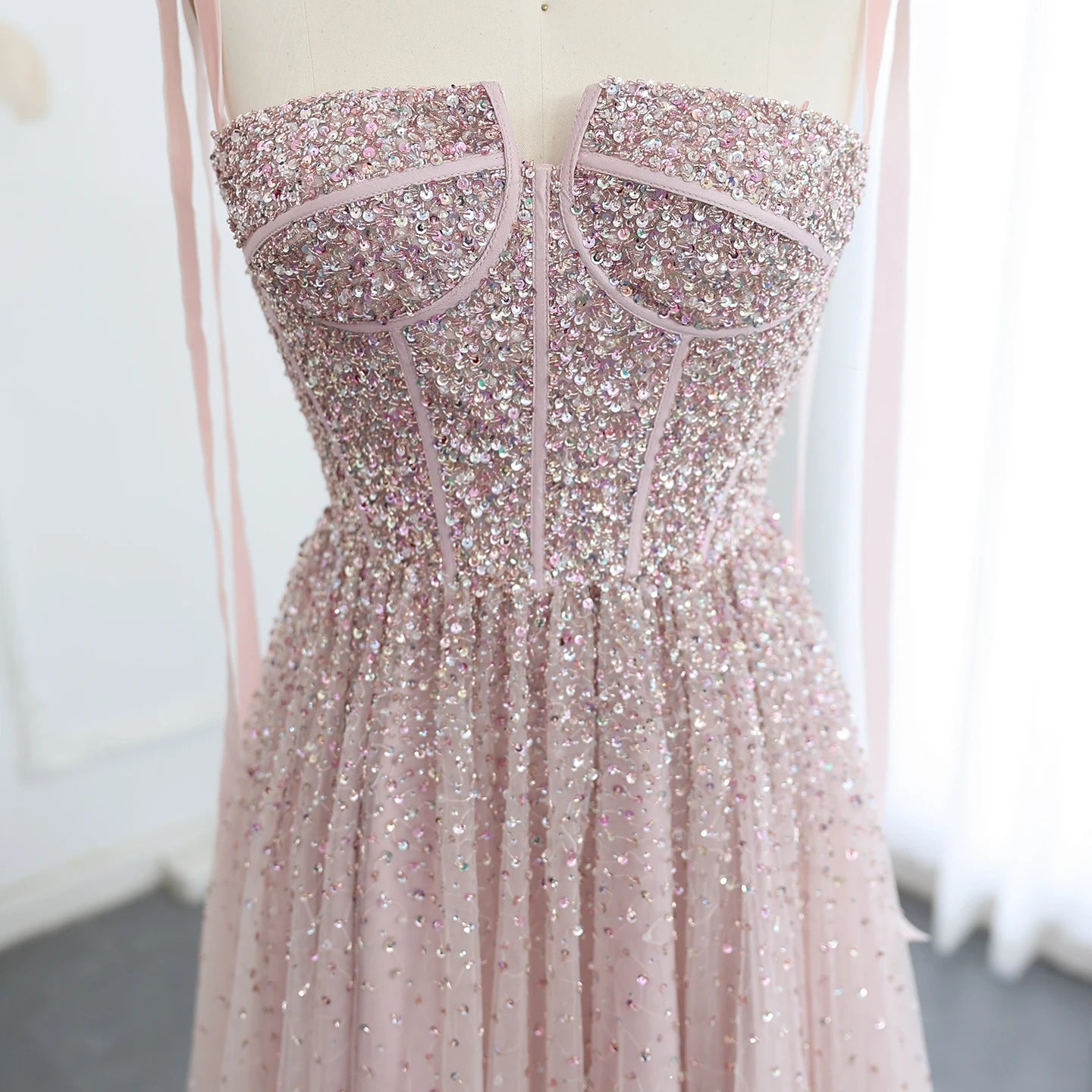 Pink Wine Red and Blush Pink Beaded Evening Gown with Straps — Dubai — Riviera Couture GCC Luxury Evening Gown