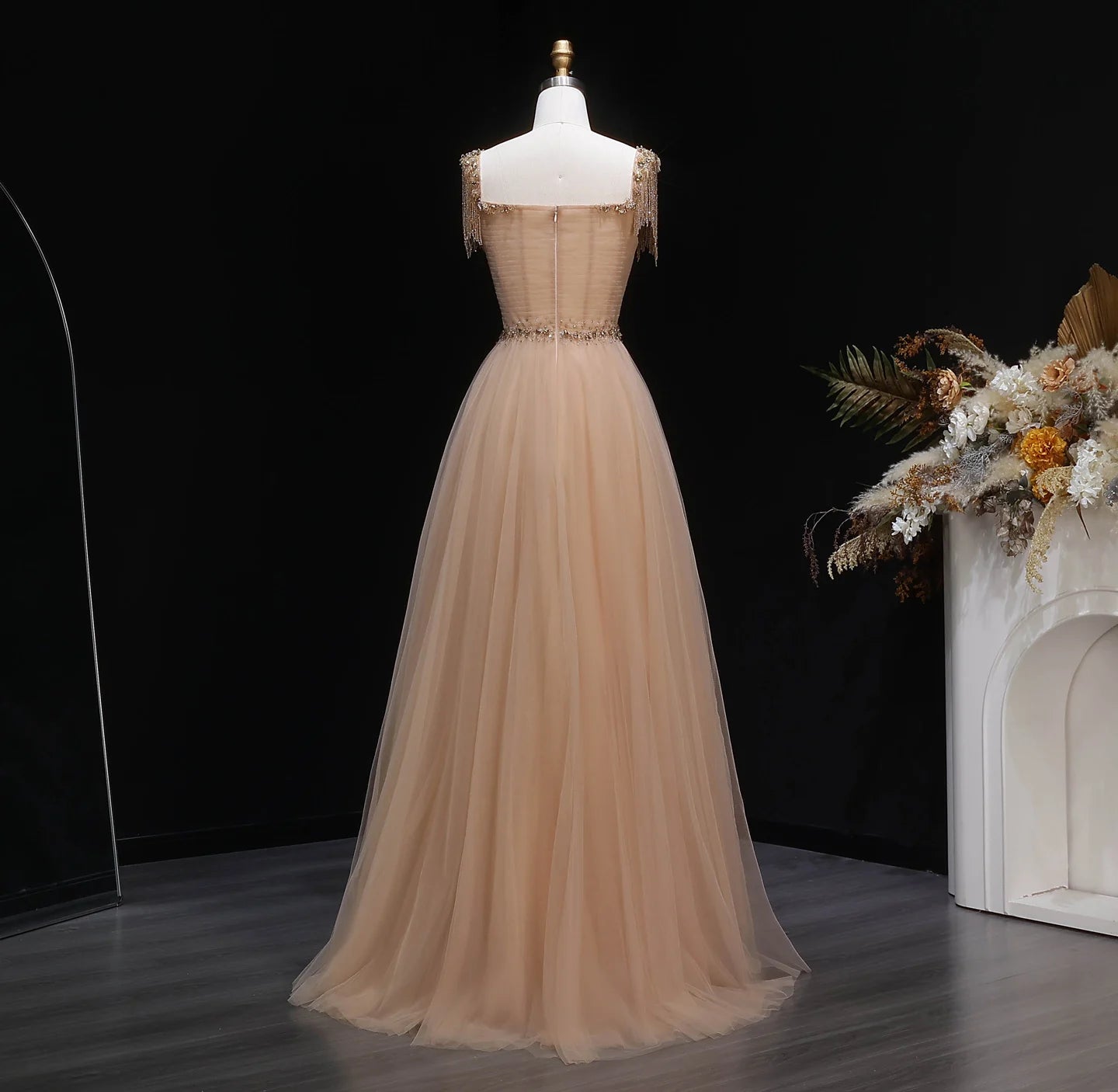 Champagne A-Line Evening Gown — Tassel Beaded Crystal GCC Luxury 2026 — Riviera Couture GCC Luxury Evening Gown