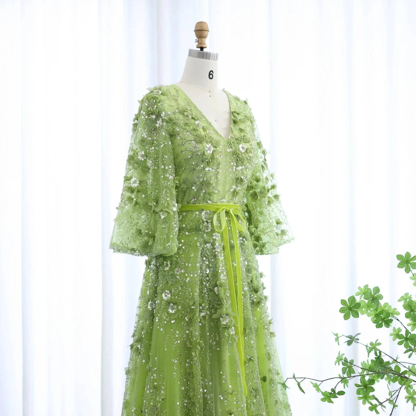 Plunging V-neck Green 3D Embroidered Flowers Evening Dress - Riviera Couture