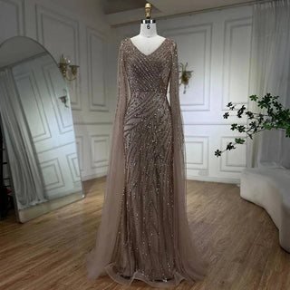 Mermaid Luxury Beaded Evening Dress with Cape Sleeves - RC320 - Riviera Couture