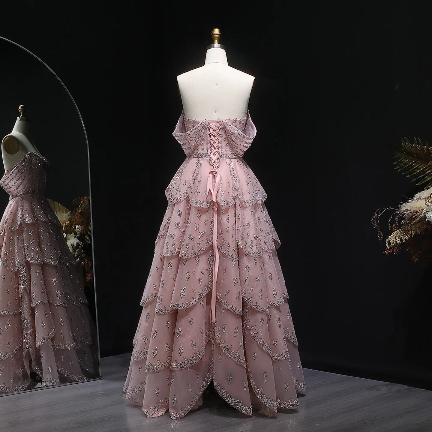 Pink Off-Shoulder Tiered Ruffle Evening Gown — Luxury Beaded Arabic — Riviera Couture GCC Luxury Evening Gown