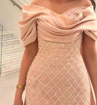 Elegant Off Shoulder Peach Arabic Evening Dress with Cape Ankle Length - Riviera Couture