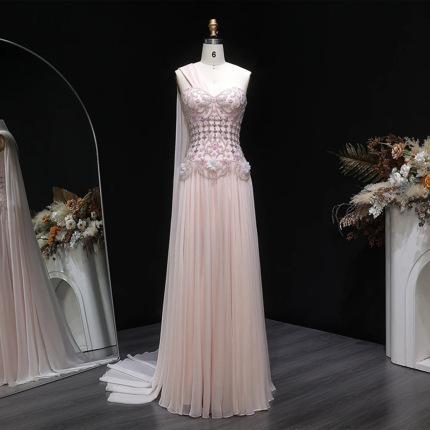 Blush Pink One-Shoulder A-Line Evening Gown with Cape — 3D Flowers Crystal — Riviera Couture GCC Luxury Evening Gown
