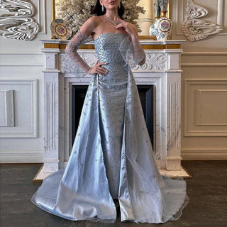 Silver Gray Luxury Evening Dress with Overskirt - Riviera Couture