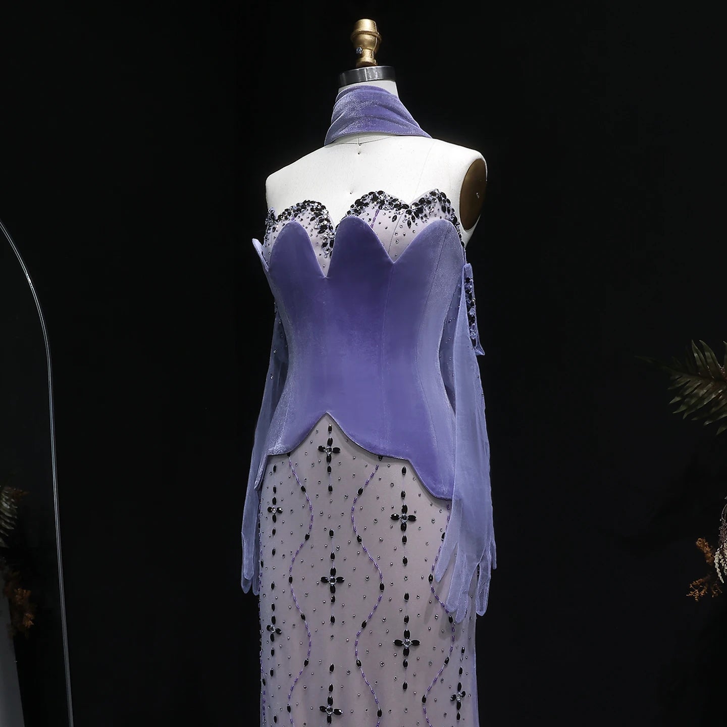 Purple Purple Velvet Two-Piece Mermaid Evening Gown with Gloves and Scarf — Riviera Couture GCC Luxury Evening Gown