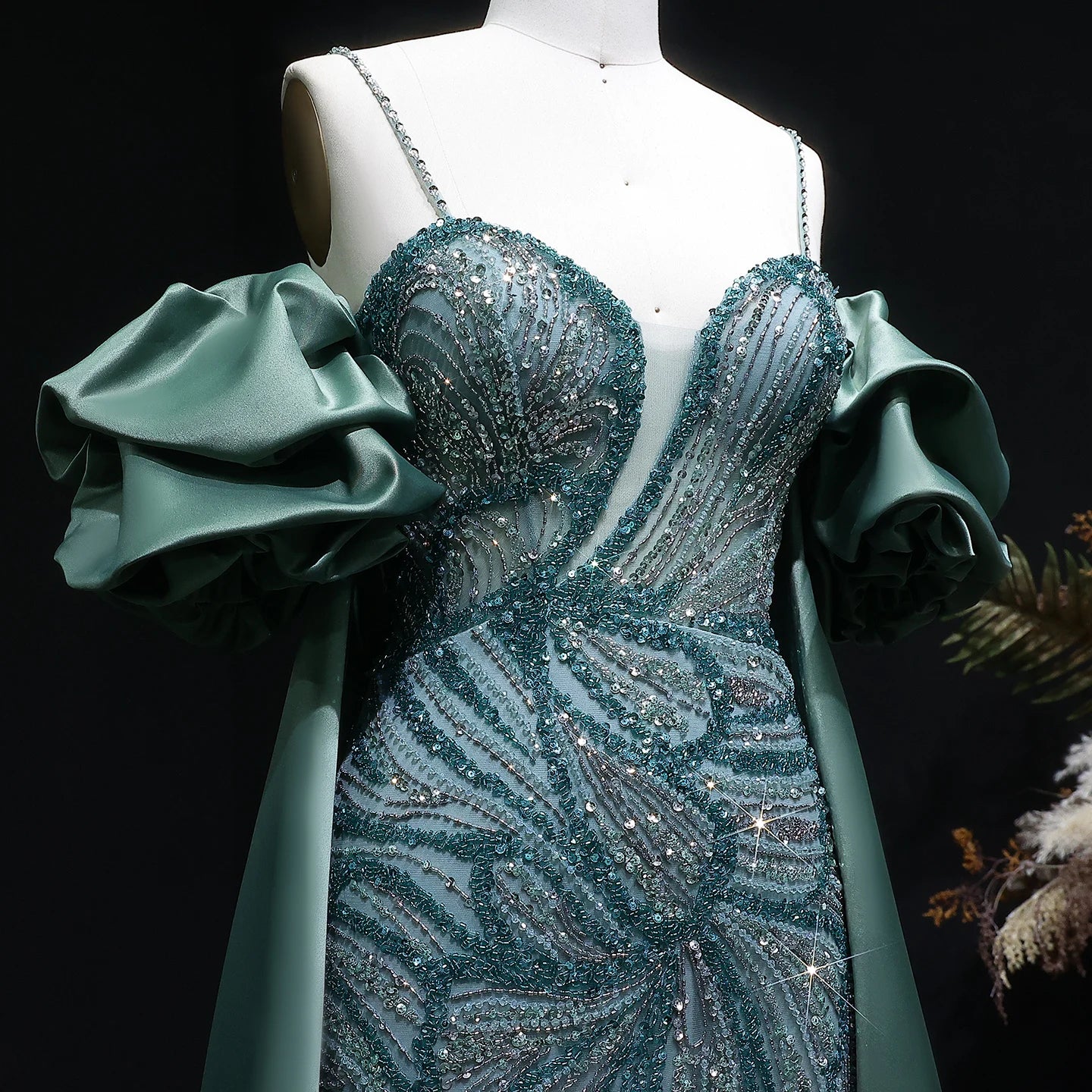 Wine Red Off-Shoulder Cape Ruffle Evening Gown — Beaded Luxury GCC Formal — Riviera Couture GCC Luxury Evening Gown