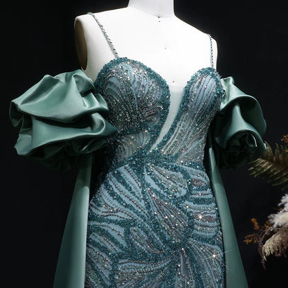 Wine Red Off-Shoulder Cape Ruffle Evening Gown — Beaded Luxury GCC Formal — Riviera Couture GCC Luxury Evening Gown