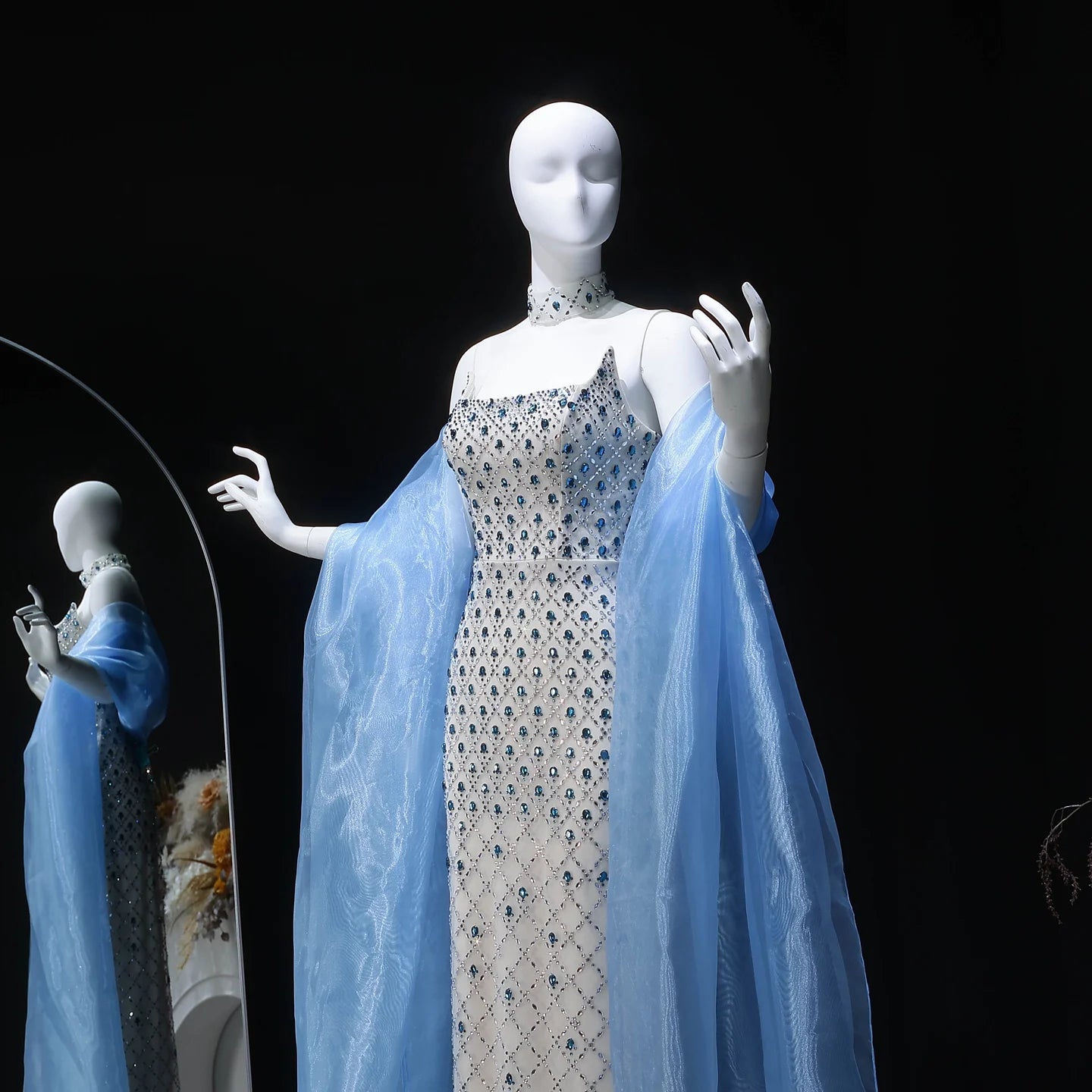 Blue Beaded Crystal Evening Gown with Cape — Luxury GCC Formal 2026 — Riviera Couture GCC Luxury Evening Gown