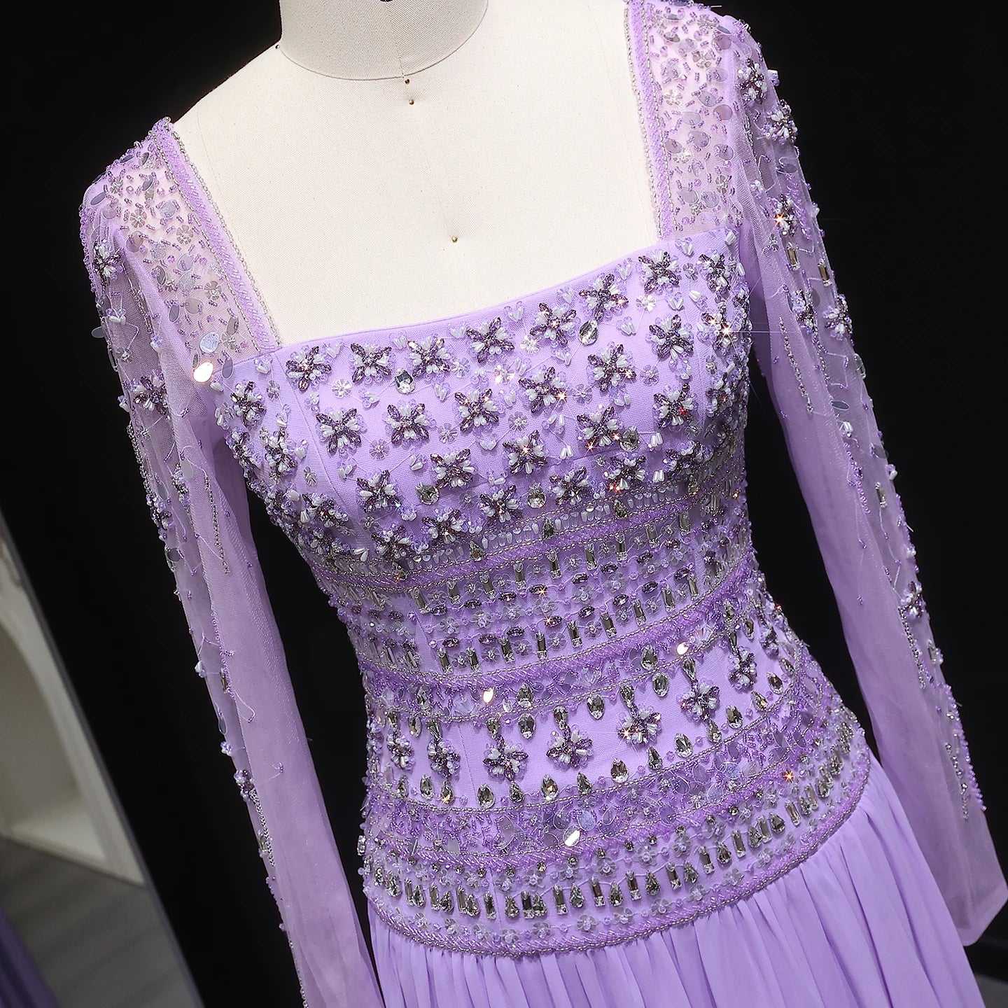 Green Long Sleeves Lilac Beaded Strapless Evening Gown with Flowing Chiffon Skirt — Riviera Couture GCC Luxury Evening Gown
