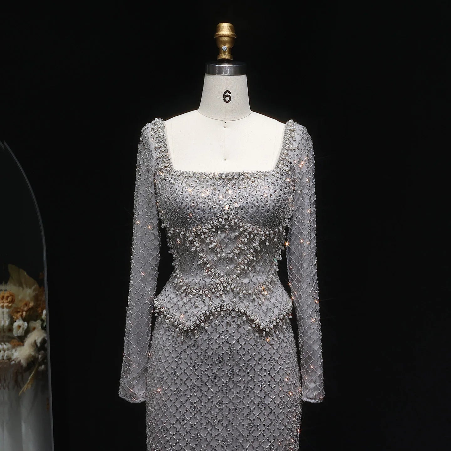 Champagne Champagne Crystal Long Sleeve Evening Gown — Dubai Arabic Luxury — Riviera Couture GCC Luxury Evening Gown