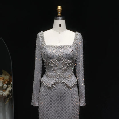 Champagne Champagne Crystal Long Sleeve Evening Gown — Dubai Arabic Luxury — Riviera Couture GCC Luxury Evening Gown