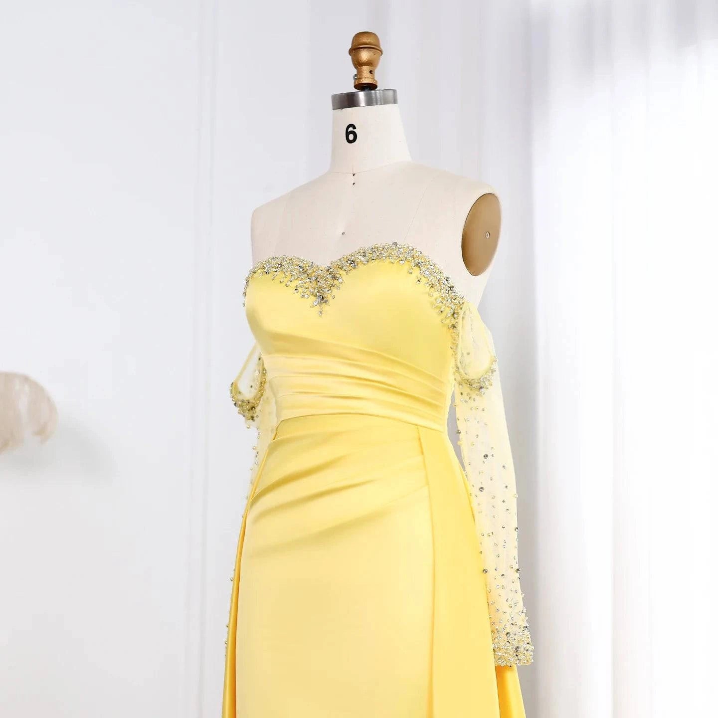 Sweetheart Yellow Satin Evening Dress with Gloves - Riviera Couture