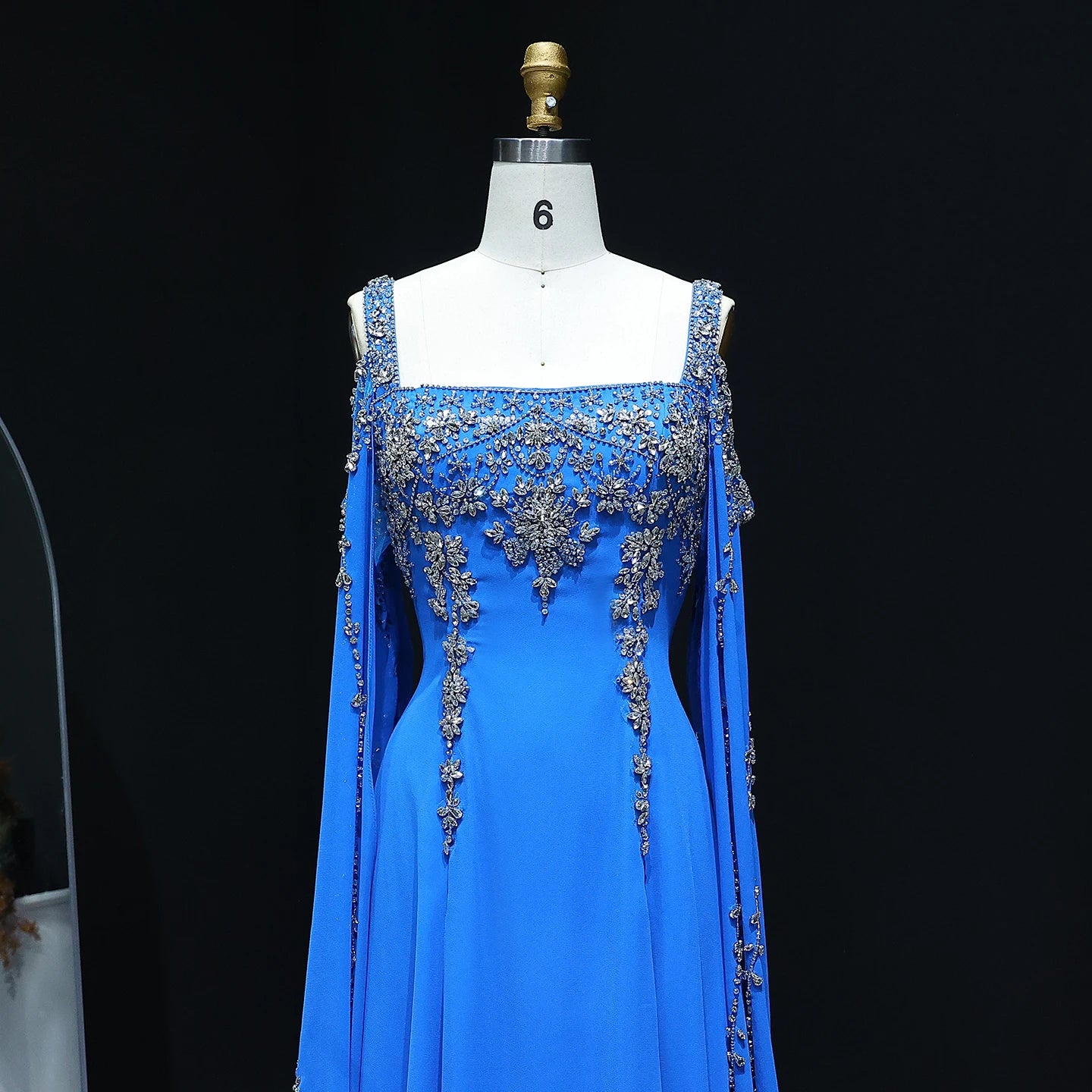 Yellow Blue Crystal Evening Gown with Flowing Cape Sleeve — Arabic Luxury — Riviera Couture GCC Luxury Evening Gown