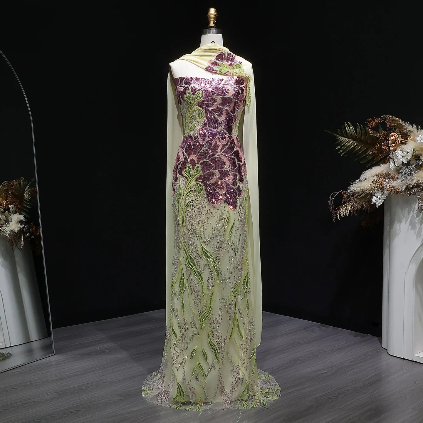 Purple Green Beaded Sequined Mermaid Evening Gown with Scarf — GCC Luxury — Riviera Couture GCC Luxury Evening Gown