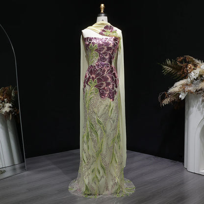 Purple Green Beaded Sequined Mermaid Evening Gown with Scarf — GCC Luxury — Riviera Couture GCC Luxury Evening Gown
