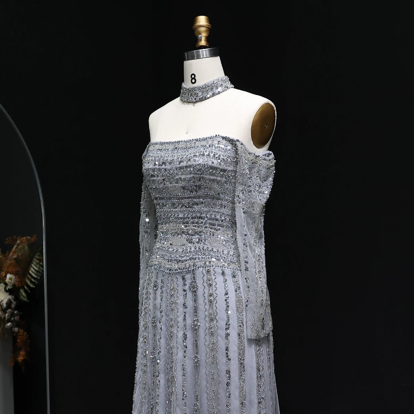 GRAY Pink Off-Shoulder Evening Gown with Choker — Heavy Beaded Long Sleeve — Riviera Couture GCC Luxury Evening Gown