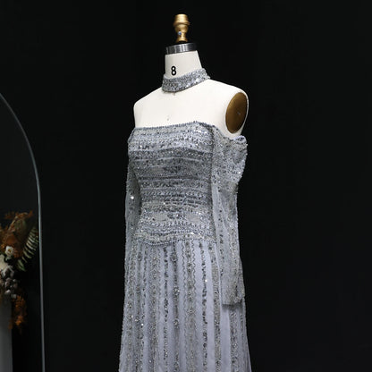 GRAY Pink Off-Shoulder Evening Gown with Choker — Heavy Beaded Long Sleeve — Riviera Couture GCC Luxury Evening Gown