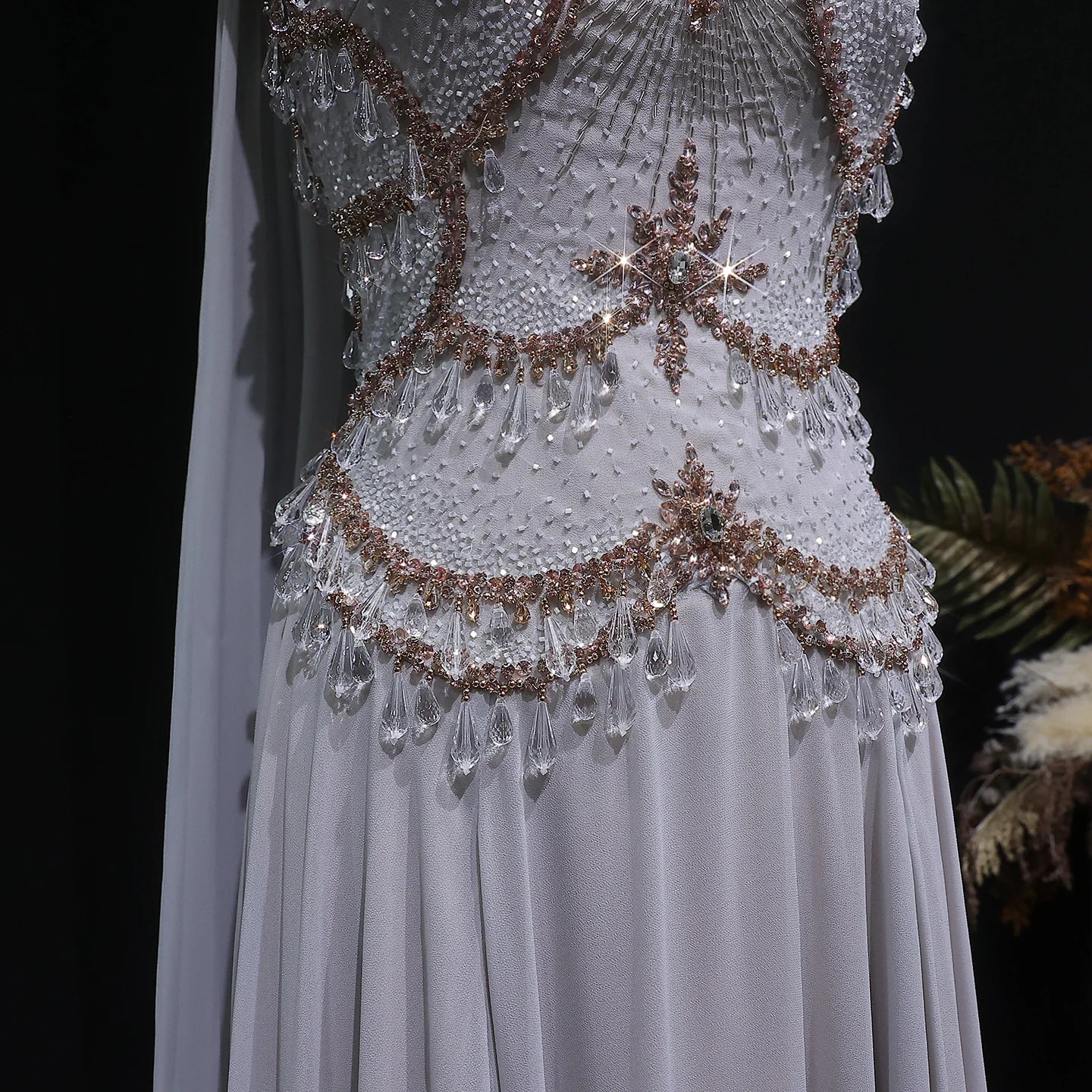 Blush Pink Silver Gold Cape Sleeve Evening Gown — Crystal Beaded Blush Pink — Riviera Couture GCC Luxury Evening Gown