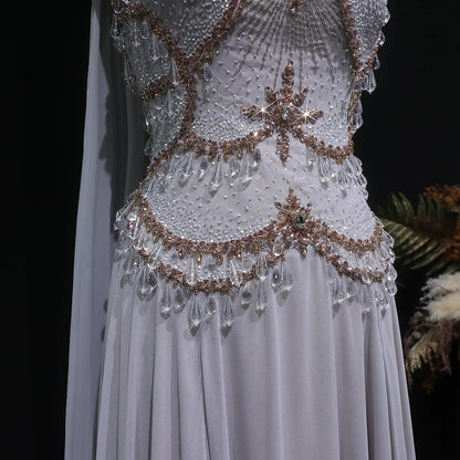 Blush Pink Silver Gold Cape Sleeve Evening Gown — Crystal Beaded Blush Pink — Riviera Couture GCC Luxury Evening Gown