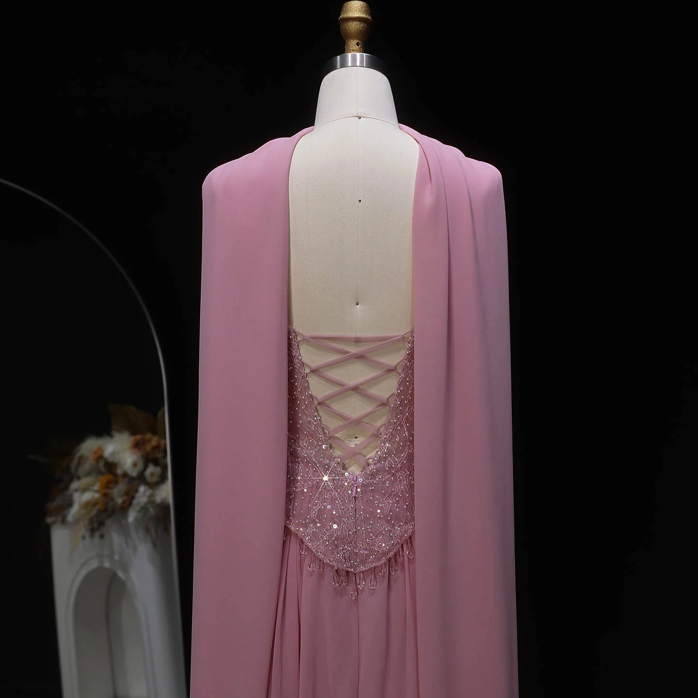 Pink Pink Draped A-Line Evening Gown with Scarf — Beaded GCC Luxury — Riviera Couture GCC Luxury Evening Gown