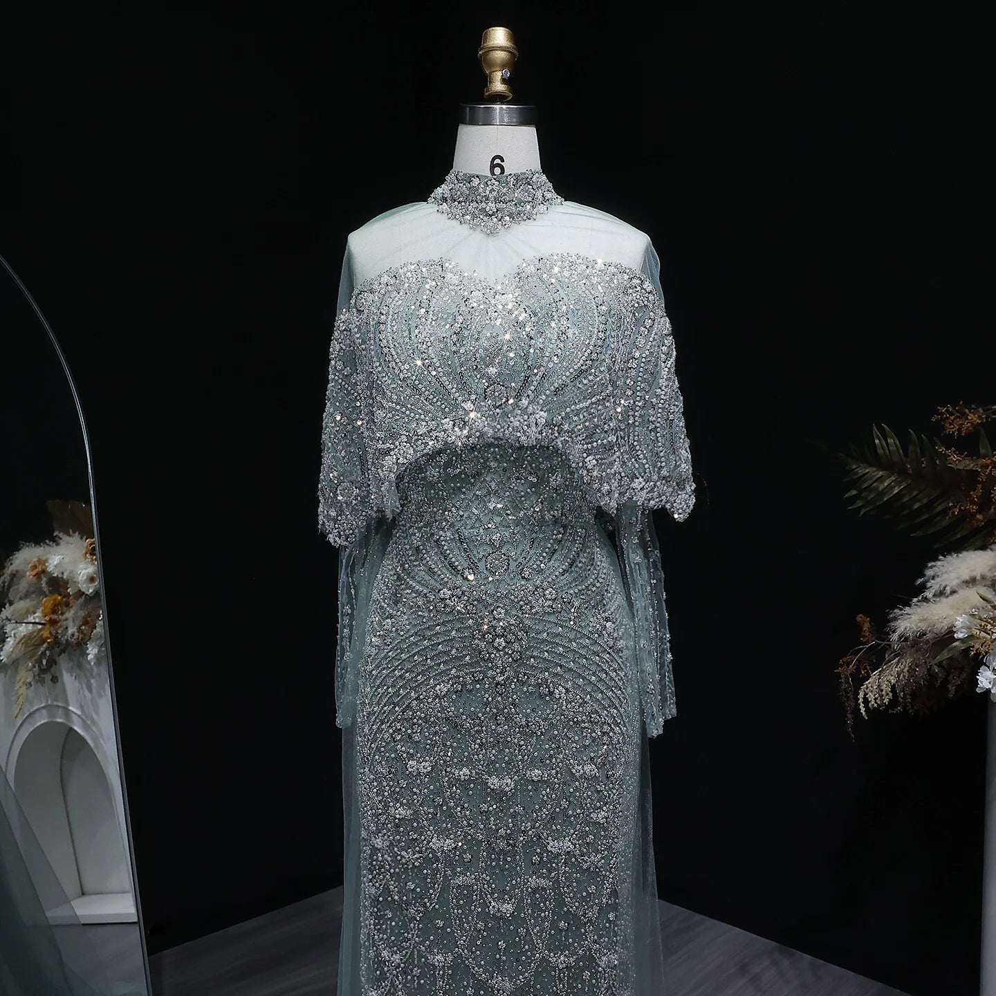 Gray Gray Dubai Evening Gown with Cape — Long Sleeve Detachable Overskirt — Riviera Couture GCC Luxury Evening Gown