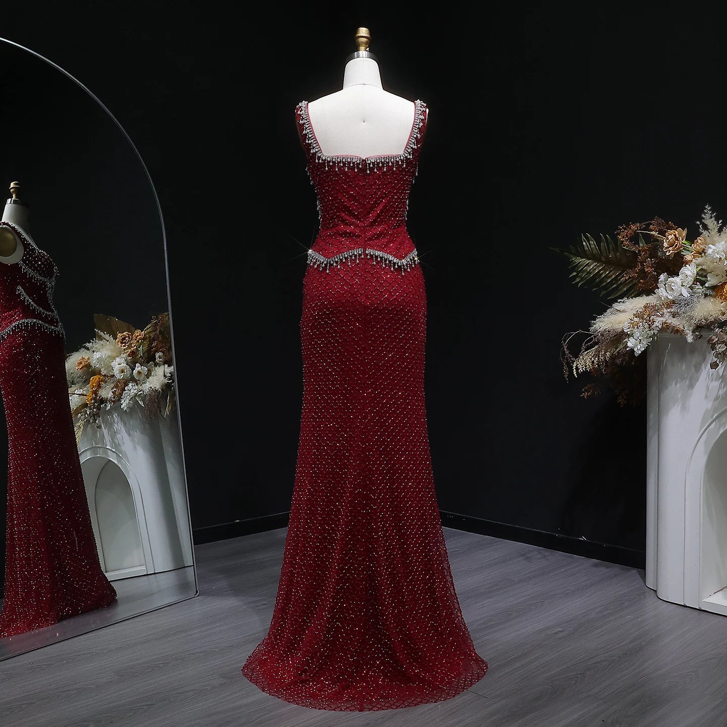 Wine Red Gray Straight Evening Gown with Straps — Dubai Arabic Luxury Formal — Riviera Couture GCC Luxury Evening Gown