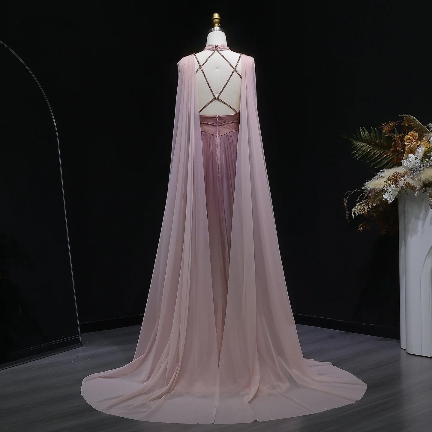 Ombre Pink Ombré Pink Cape Sleeve Evening Gown — Criss-Cross Halter Backless — Riviera Couture GCC Luxury Evening Gown