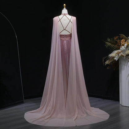 Ombre Pink Ombré Pink Cape Sleeve Evening Gown — Criss-Cross Halter Backless — Riviera Couture GCC Luxury Evening Gown