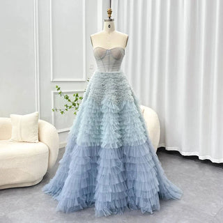 Blue Ombre Tiered Ruffles Evening Dress - RC21 - Riviera Couture