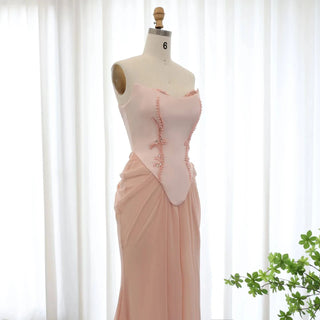 Blush Pink Handmade Corset Draped Chiffon Mermaid Evening Dress RC25 - Riviera Couture