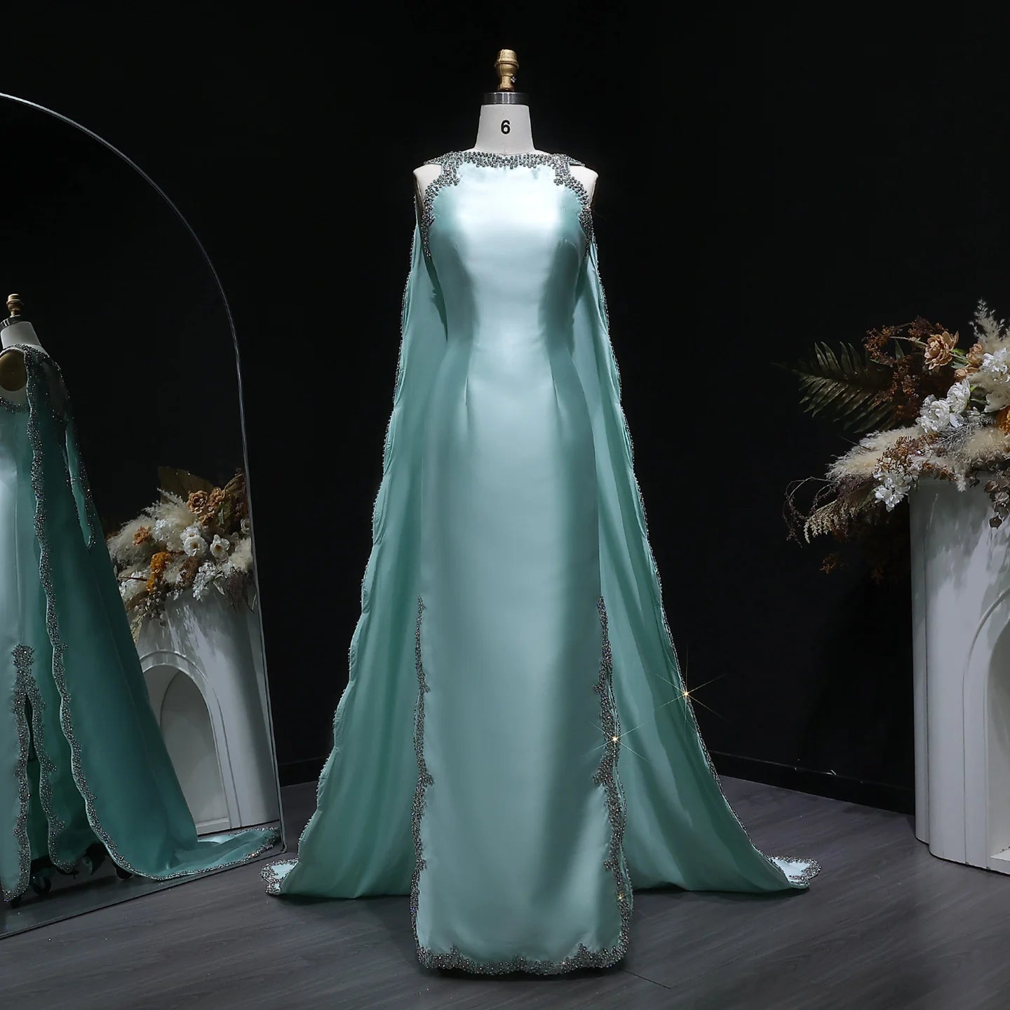 Mint Green Mint Green Arabic Mermaid Evening Gown with Cape and Side Slit — Riviera Couture GCC Luxury Evening Gown