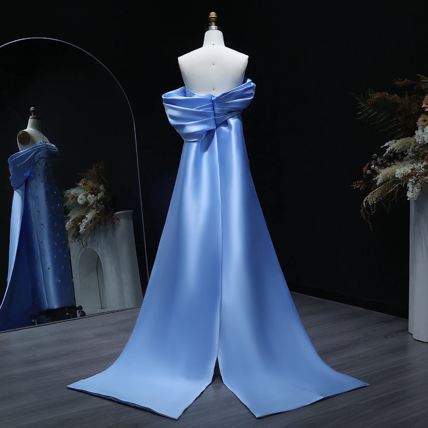 White Blue Satin Off-Shoulder Evening Gown with Crystal Overskirt — Midi — Riviera Couture GCC Luxury Evening Gown