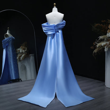 White Blue Satin Off-Shoulder Evening Gown with Crystal Overskirt — Midi — Riviera Couture GCC Luxury Evening Gown