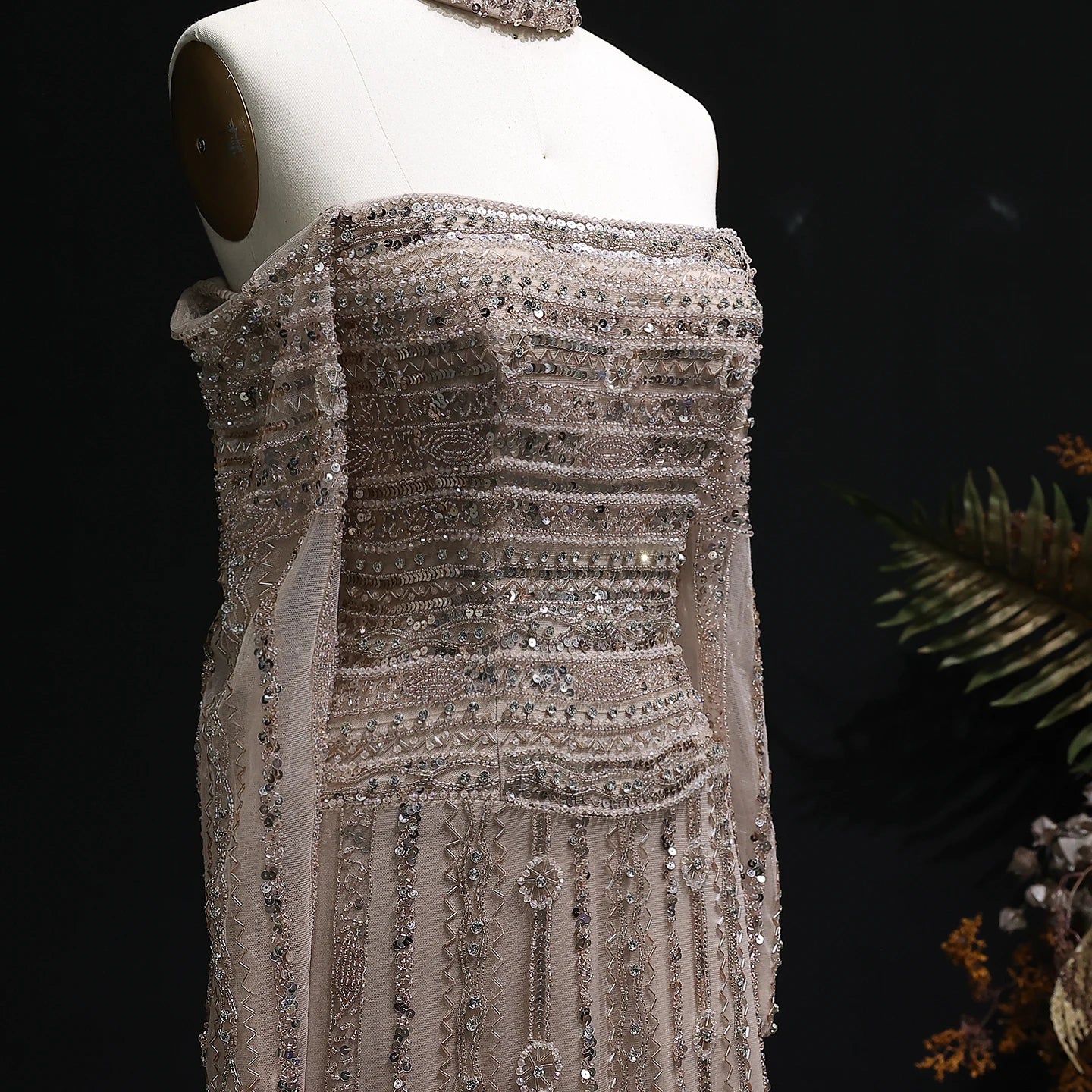 GRAY Pink Off-Shoulder Evening Gown with Choker — Heavy Beaded Long Sleeve — Riviera Couture GCC Luxury Evening Gown