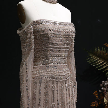 GRAY Pink Off-Shoulder Evening Gown with Choker — Heavy Beaded Long Sleeve — Riviera Couture GCC Luxury Evening Gown