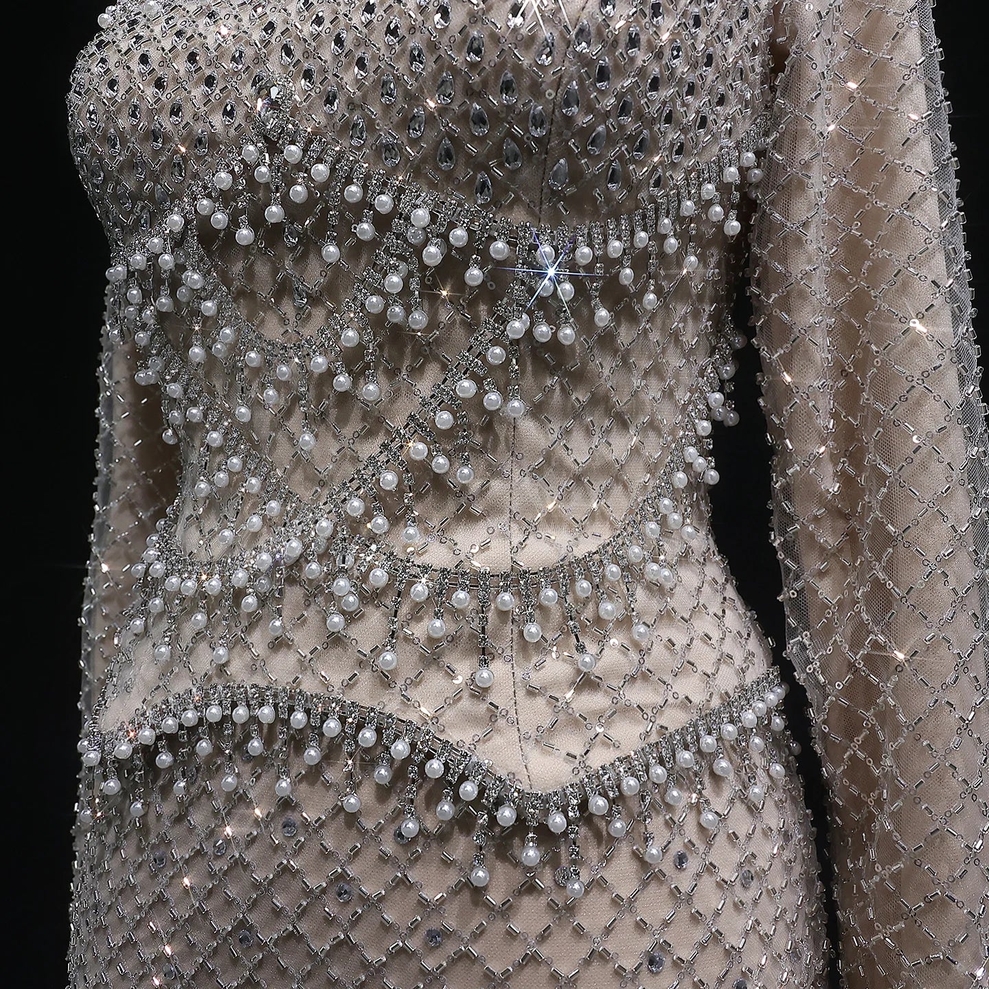 Gray Champagne Crystal Long Sleeve Evening Gown — Dubai Arabic Luxury — Riviera Couture GCC Luxury Evening Gown