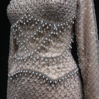 Gray Champagne Crystal Long Sleeve Evening Gown — Dubai Arabic Luxury — Riviera Couture GCC Luxury Evening Gown