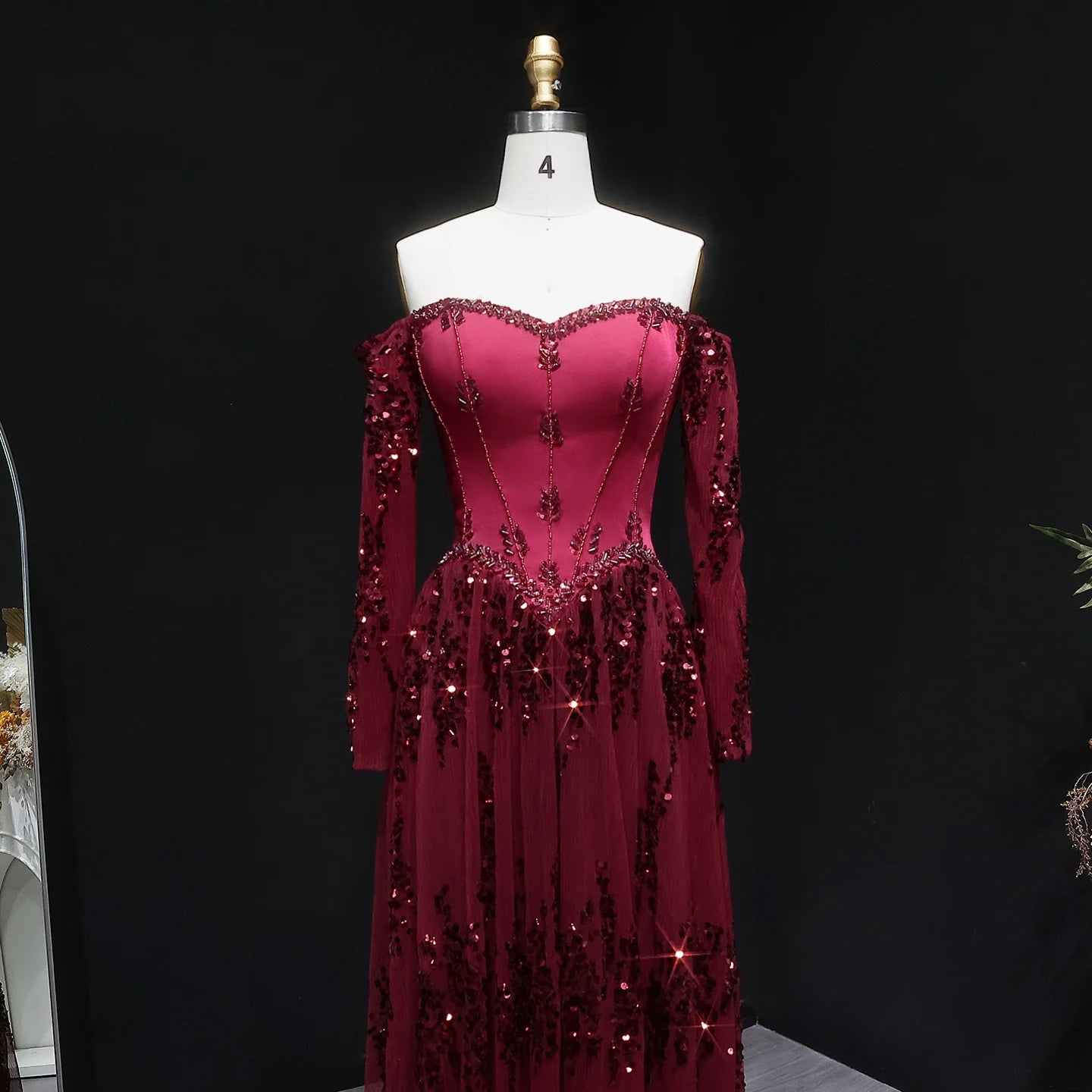 Wine Red Off-Shoulder Long Sleeve Sequined A-Line Evening Gown — GCC Formal — Riviera Couture GCC Luxury Evening Gown