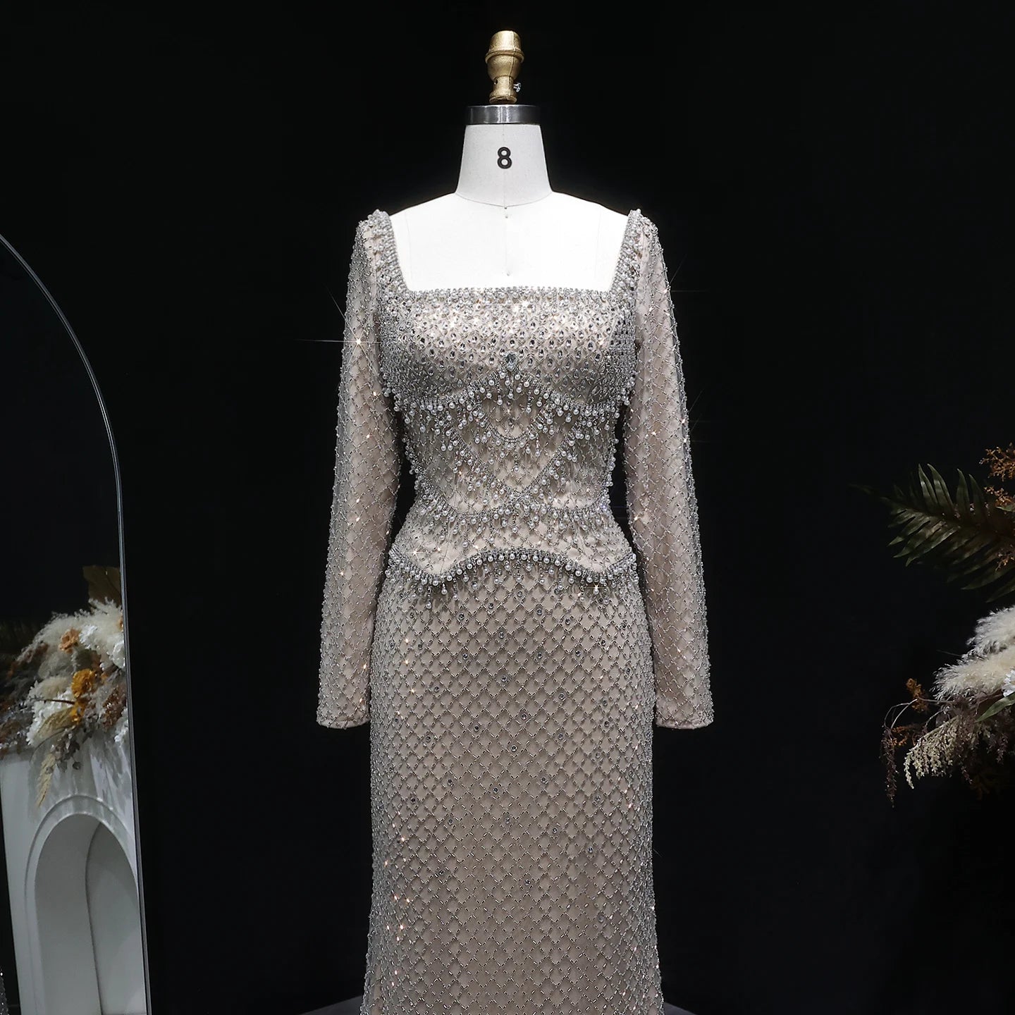 Gray Champagne Crystal Long Sleeve Evening Gown — Dubai Arabic Luxury — Riviera Couture GCC Luxury Evening Gown