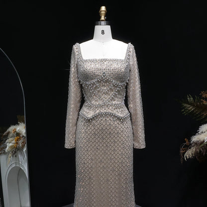 Gray Champagne Crystal Long Sleeve Evening Gown — Dubai Arabic Luxury — Riviera Couture GCC Luxury Evening Gown