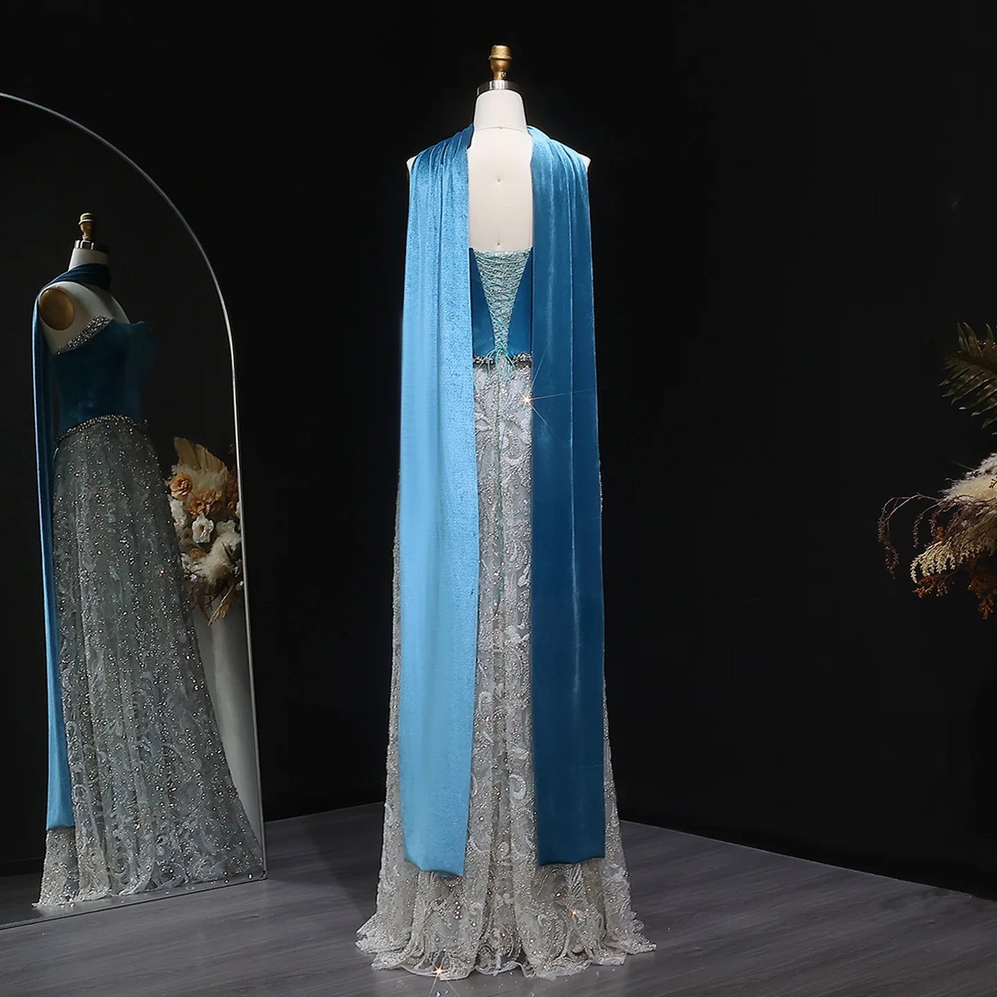 Turquoise Blue Velvet Two-Piece Evening Gown with Scarf — Arabic Luxury — Riviera Couture GCC Luxury Evening Gown