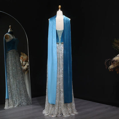 Turquoise Blue Velvet Two-Piece Evening Gown with Scarf — Arabic Luxury — Riviera Couture GCC Luxury Evening Gown