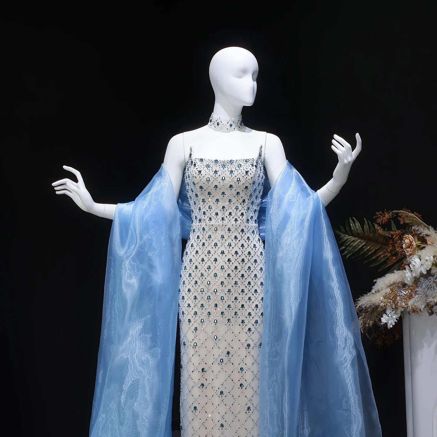 Beaded Crystal Evening Gown with Cape — Luxury GCC Formal 2026 — Riviera Couture GCC Luxury Evening Gown