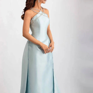 Light Blue Satin  Evening Dress - Riviera Couture