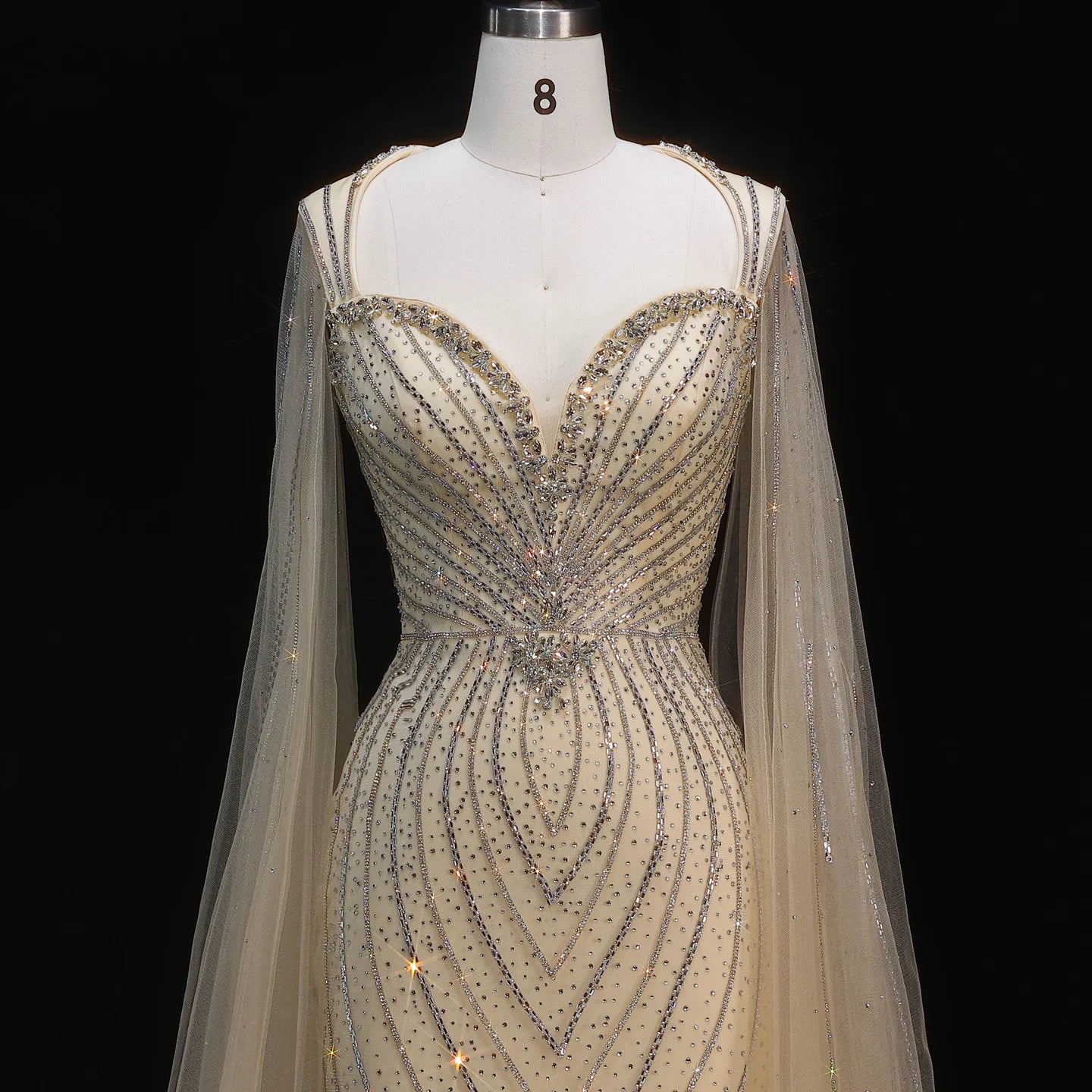 Green Beaded Mermaid Evening Gown with Cape Sleeves — Dubai Arabic Formal — Riviera Couture GCC Luxury Evening Gown